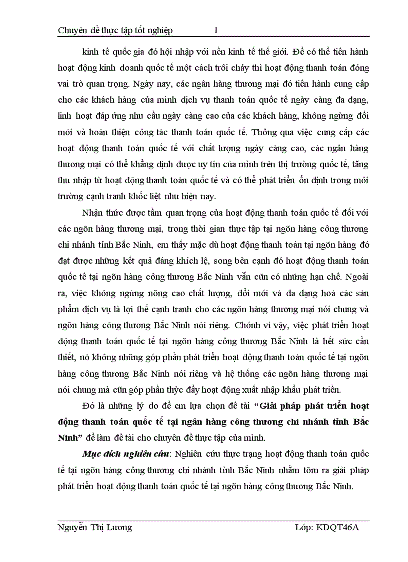 Giải pháp phát triển hoạt động thanh toán quốc tế tại ngân hàng công thương chi nhánh tỉnh Bắc Ninh