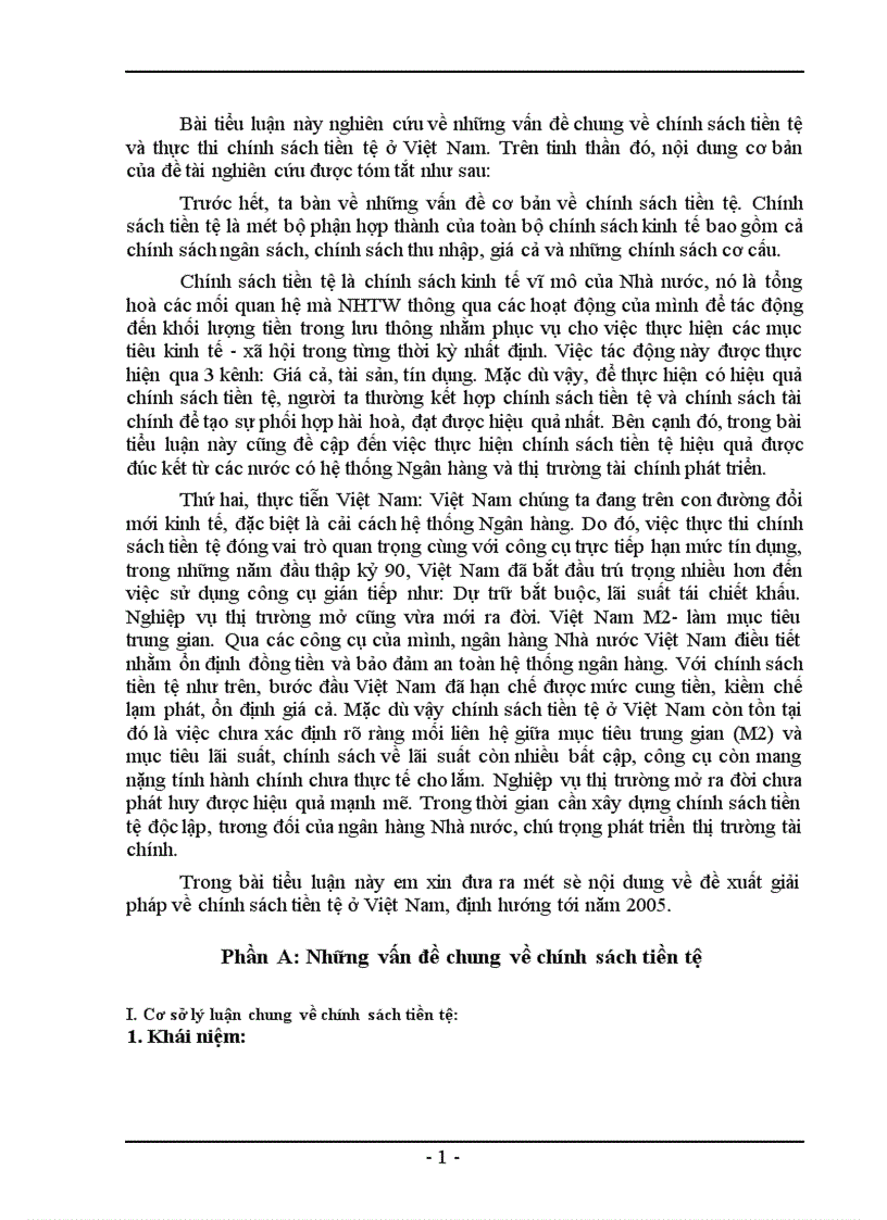 Chính sách tiền tệ và đánh giá về việc thực thi chính sách tiền tệ ở Việt Nam trong những năm gần đây 1