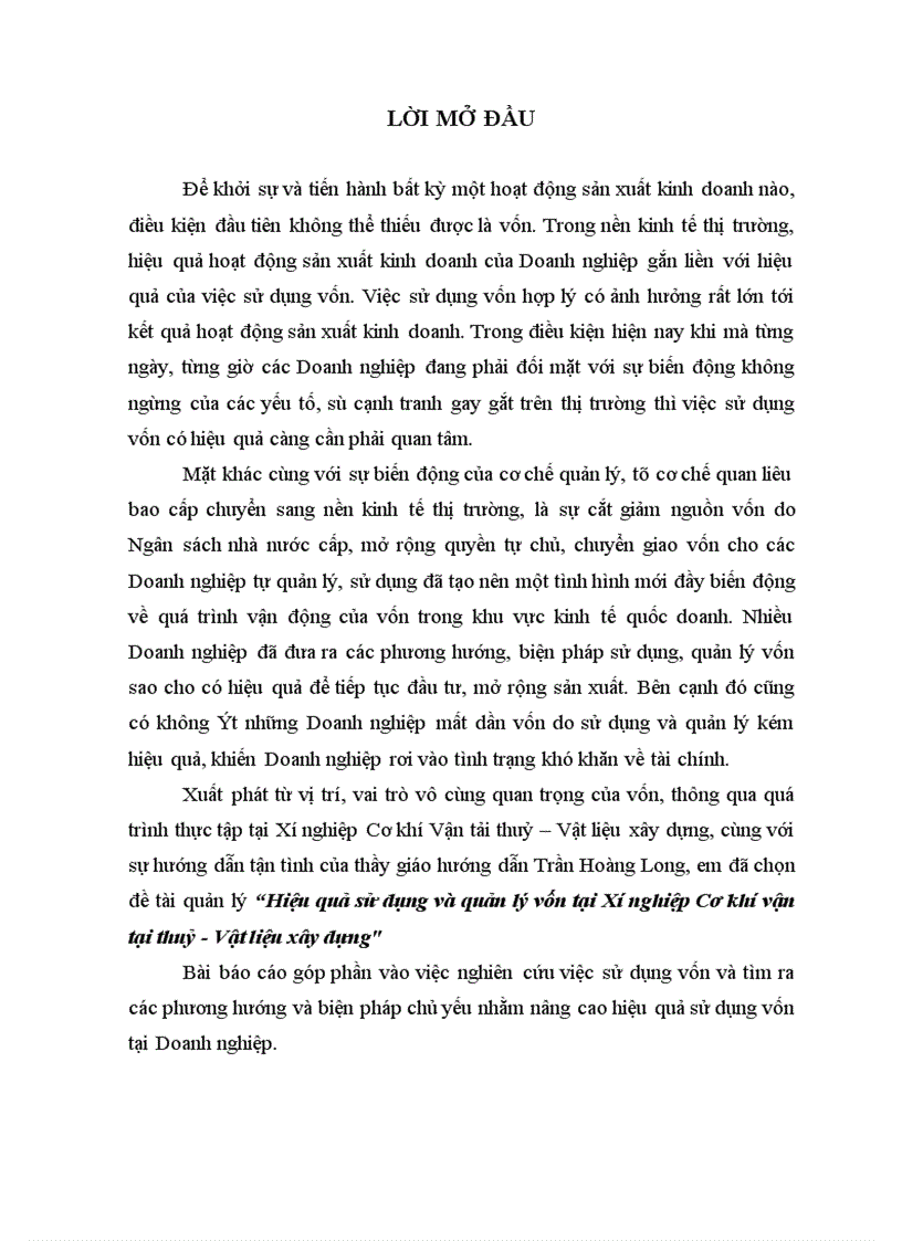 Hiệu quả sử dụng và quản lý vốn tại Xí nghiệp Cơ khí vận tại thuỷ Vật liệu xây dựng