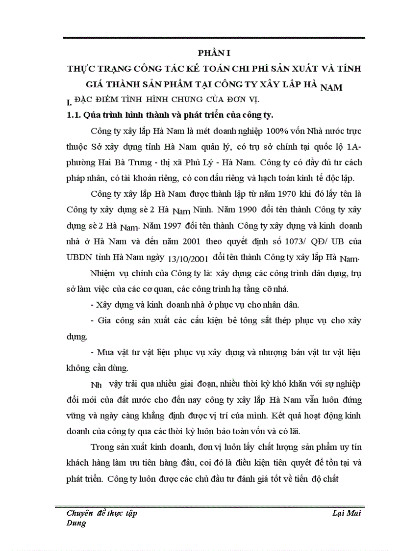 Thực trạng và giải pháp hoàn thiện công tác hạch toán chi phí sản xuất và tính giá thành sản phẩm tại Công ty xây lắp Hà Nam 1