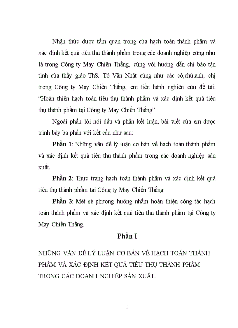 Hoàn thiện hạch toán tiêu thụ thành phẩm và xác định kết quả tiêu thụ thành phẩm tại Công ty May Chiến Thắng 1