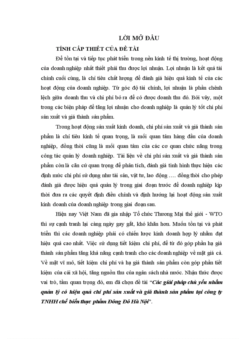 Các giải pháp chủ yếu nhằm quản lý có hiệu quả chi phí sản xuất và giá thành sản phẩm tại công ty TNHH chế biến thực phẩm Đông Đô Hà Nội