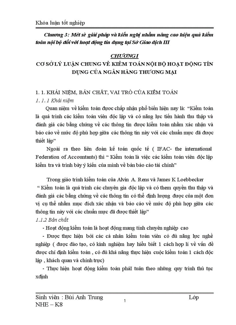 Một số giải pháp nâng cao hiệu quả kiểm toán nội bộ đối với hoạt động tín dụng tại Sở giao dịch III Ngân hàng Đầu tư và Phát triển Việt Nam 1