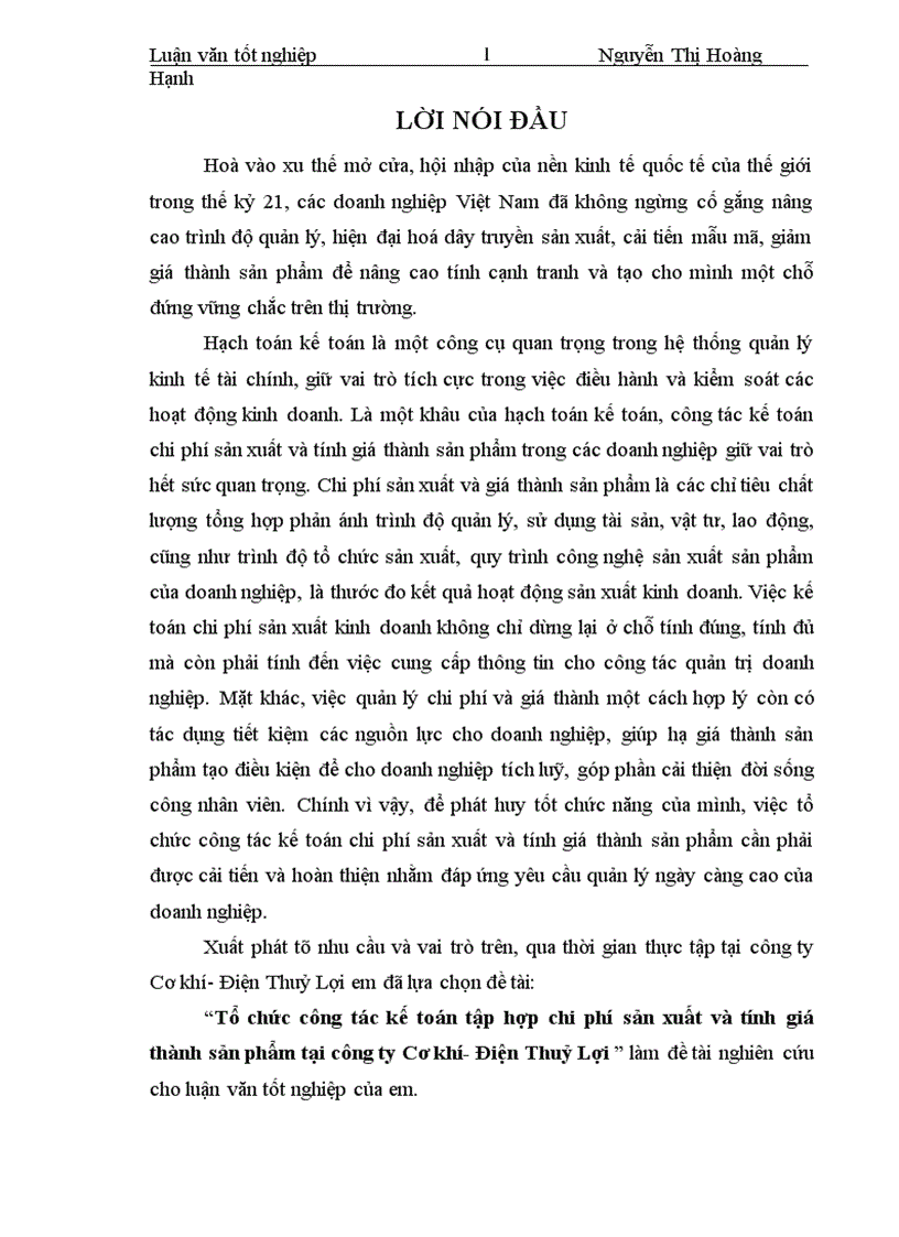 Tổ chức công tác kế toán tập hợp chi phí sản xuất và tính giá thành sản phẩm tại công ty Cơ khí Điện Thuỷ Lợi 1