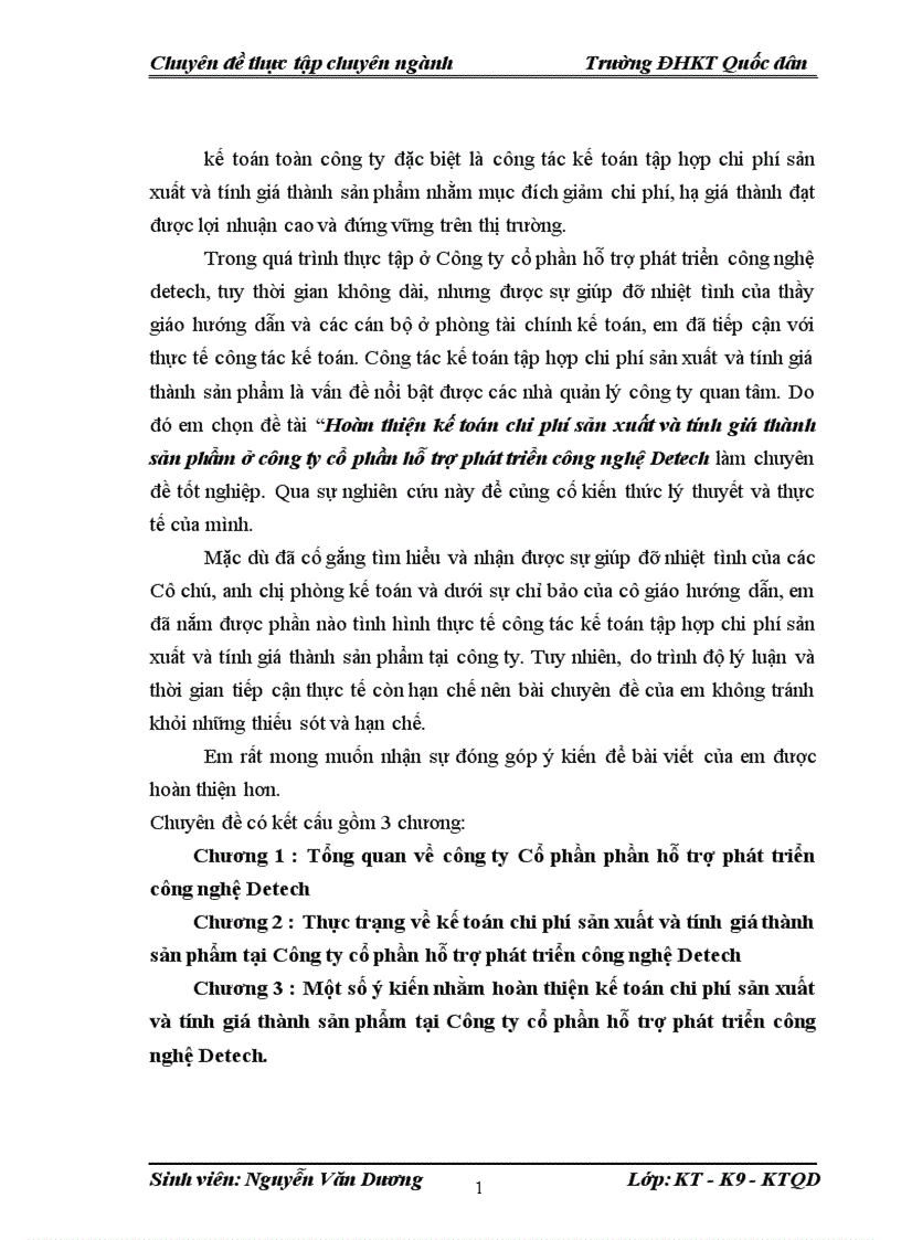 Hoàn thiện kế toán chi phí sản xuất và tính giá thành sản phẩm ở Công ty cổ phần hỗ trợ phát triển công nghệ Detech 1