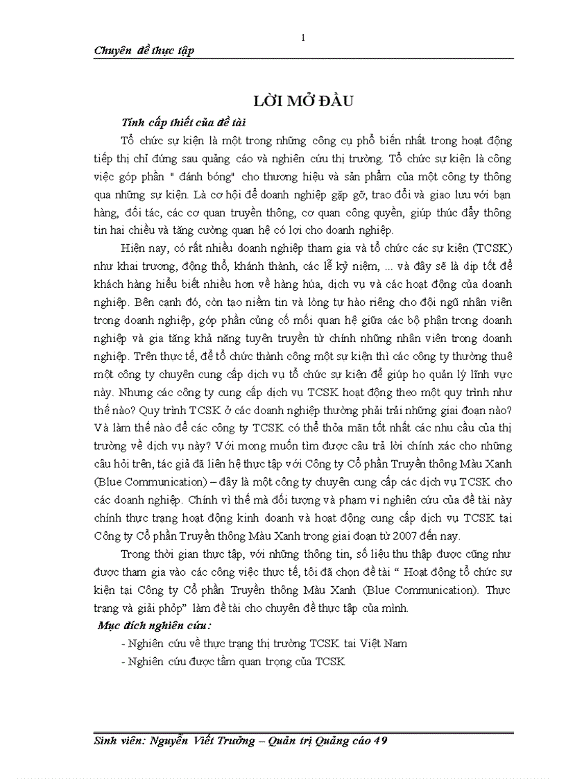 image for page Hoạt động tổ chức sự kiện tại Công ty Cổ phần Truyền thông Màu Xanh Blue Communication Thực trạng và giải pháp 1