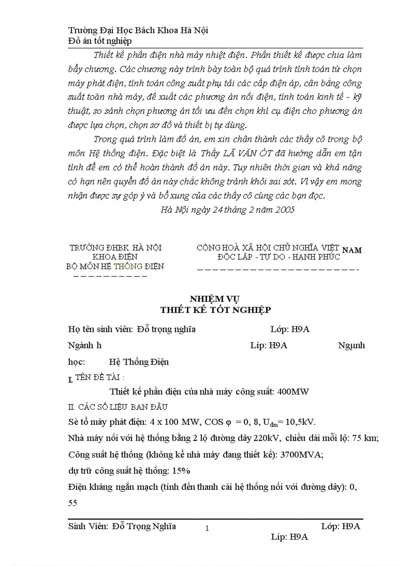 image for page Thiết kế phần điện nhà máy điện công suất 400MW
