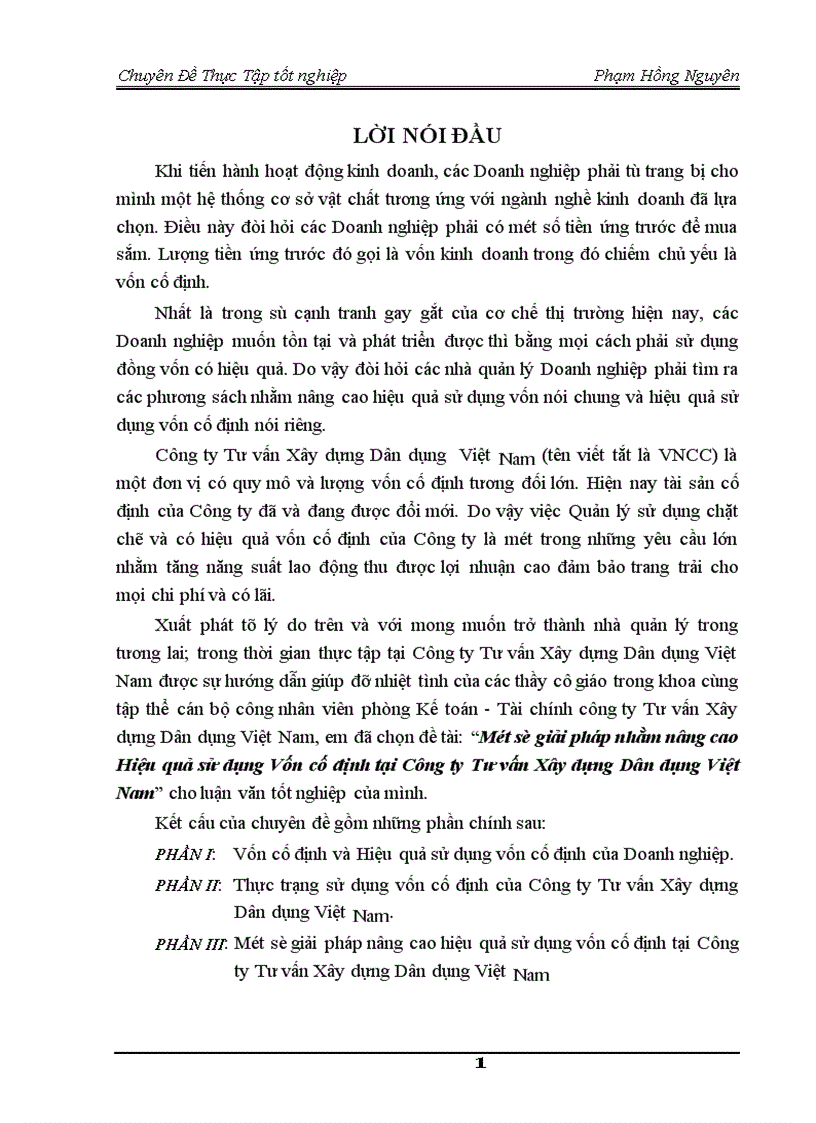 Một số giải pháp nhằm nâng cao Hiệu quả sử dụng Vốn cố định tại Công ty Tư vấn Xây dựng Dân dụng Việt Nam 1