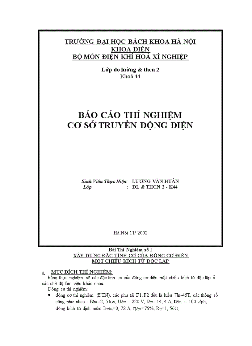 Thí Nghiệm Cơ Sở Truyền Động Điện 1