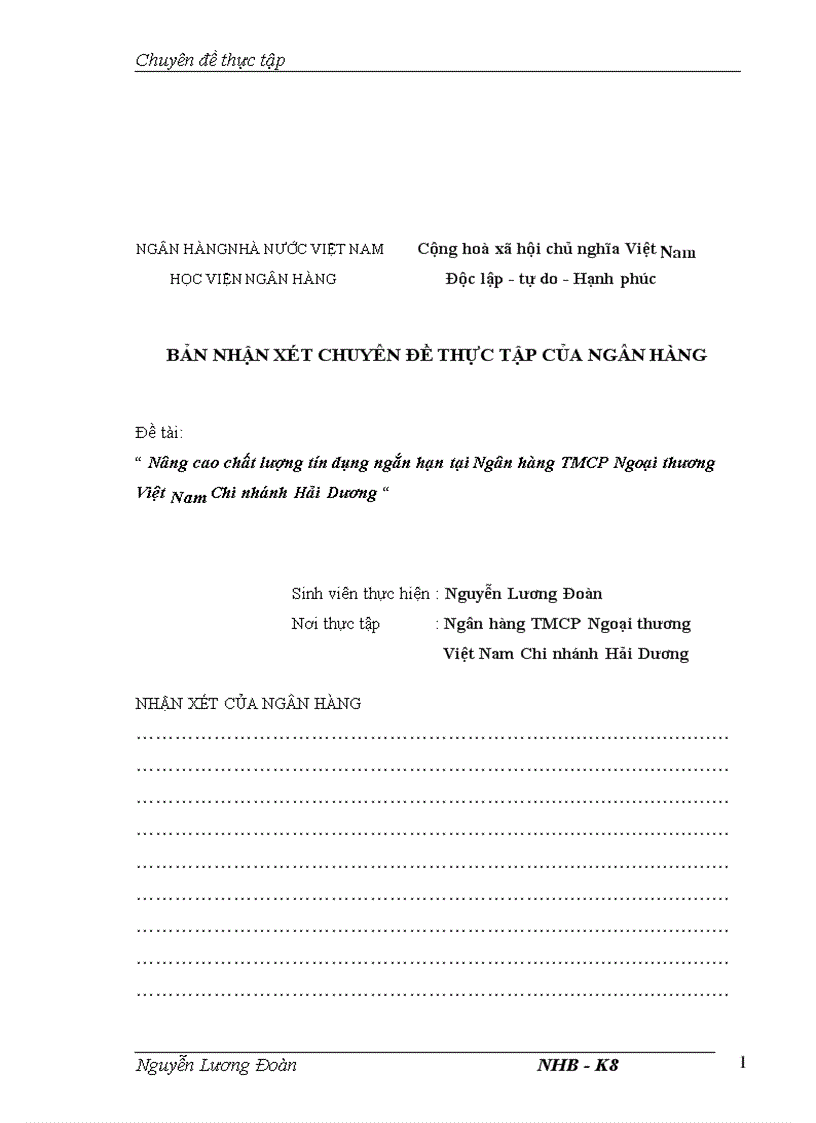 image for page Giải pháp nâng cao chất lượng tín dụng ngắn hạn tại Ngân hàng TMCP Ngoại thương Việt Nam Chi nhánh Hải Dương