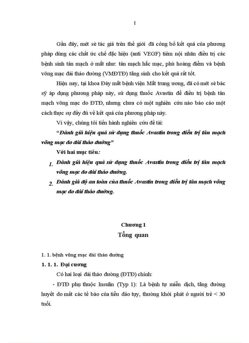 Đánh giá hiệu quả sử dụng thuốc Avastin trong điều trị tân mạch võng mạc do đái tháo đường 1