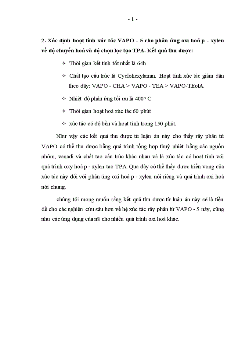 image for page Xác định hoạt tính xúc tác VAPO 5 cho phản ứng oxi hoá p xylen về độ chuyển hoá và độ chọn lọc tạo TPA
