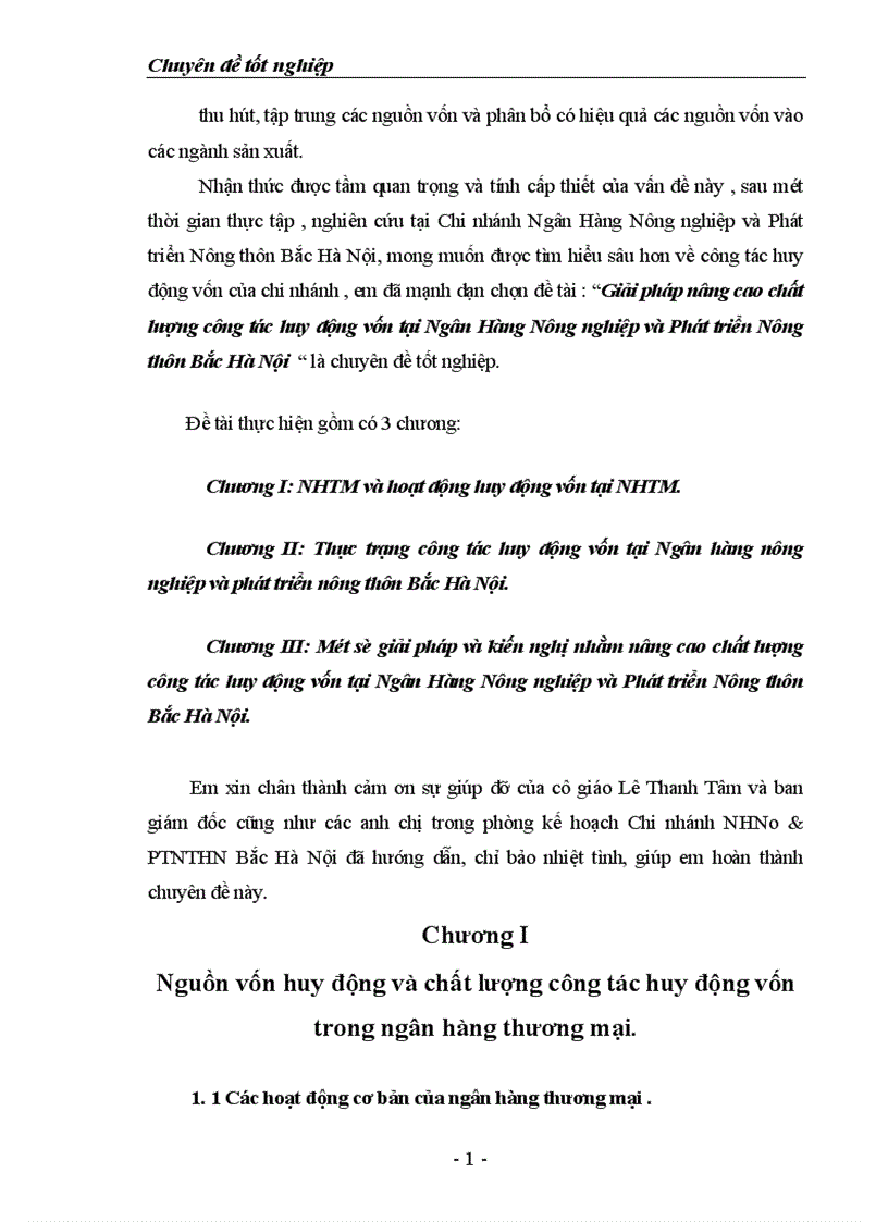 Giải pháp nâng cao chất lượng công tác huy động vốn tại Ngân Hàng Nông nghiệp và Phát triển Nông thôn Bắc Hà Nội 1