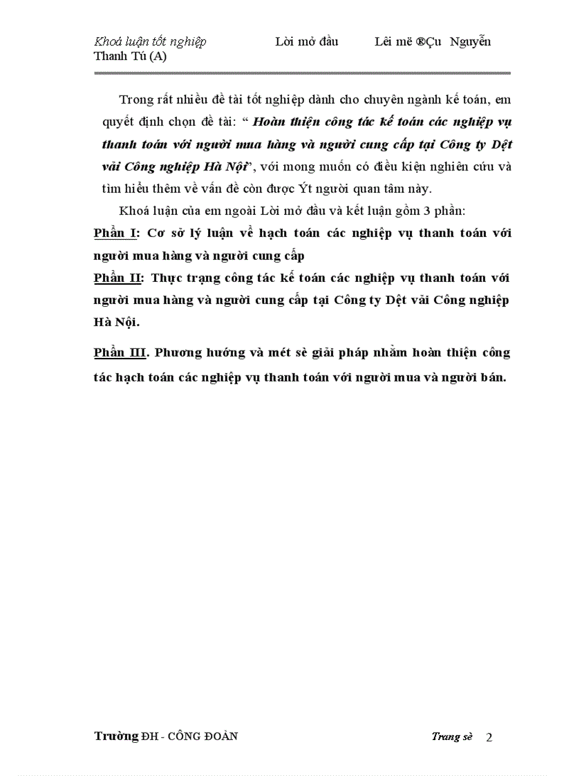 image for page Hoàn thiện công tác kế toán các nghiệp vụ thanh toán với người mua hàng và người cung cấp tại Công ty Dệt vải Công nghiệp Hà Nội 1