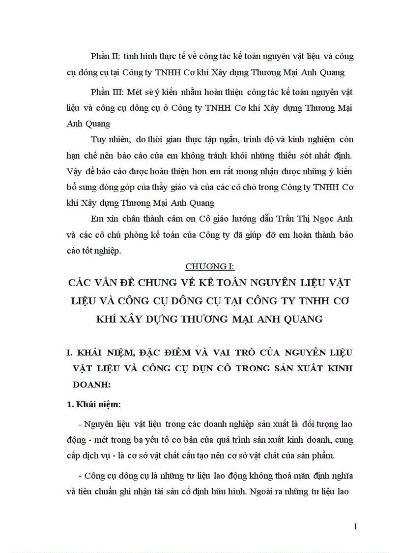 Kế toán nguyên vật liệu công cụ dụng cụ tại Công ty TNHH Cơ khí Xây dựng Thương Mại Anh Quang 1