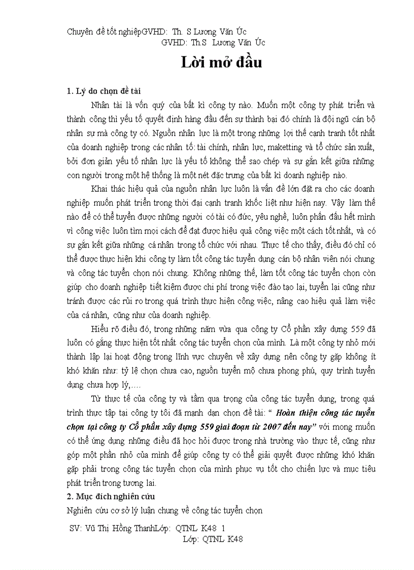 Hoàn thiện công tác tuyển chọn tại công ty Cổ phần xây dựng 559 giai đoạn từ 2007 đến nay 1