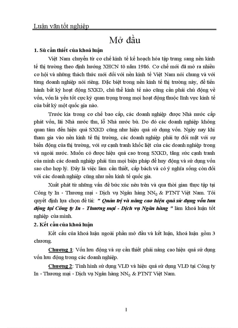 Quản trị và nâng cao hiệu quả sử dụng vốn lưu động tại Công ty In Thương mại Dịch vụ Ngân hàng 1