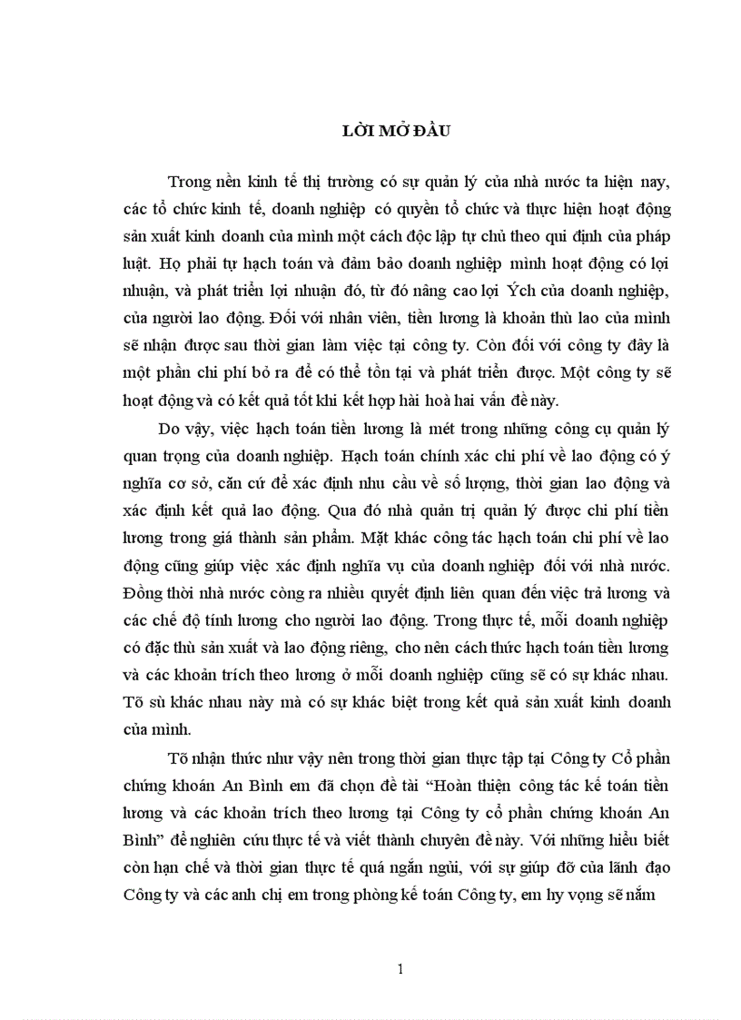 Hoàn thiện công tác kế toán tiền lương và các khoản trích theo lương tại Công ty cổ phần chứng khoán An Bình 1