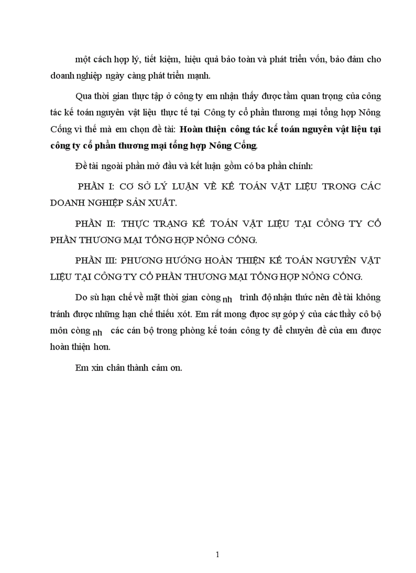 Hoàn thiện công tác kế toán nguyên vật liệu tại công ty cổ phần thương mại tổng hợp Nông Cống 1