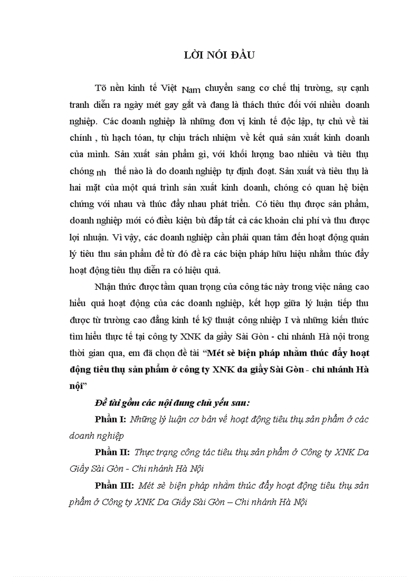 Một số biện pháp nhằm thúc đẩy hoạt động tiêu thụ sản phẩm ở công ty XNK da giầy Sài Gòn chi nhánh Hà nội 1
