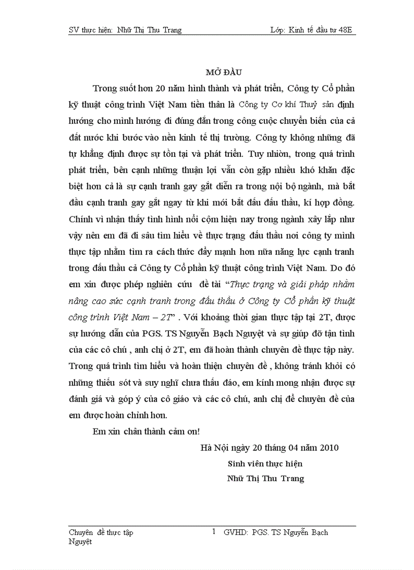 Thực trạng và giải pháp nhằm nâng cao sức cạnh tranh trong đấu thầu ở Công ty Cổ phần kỹ thuật công trình Việt Nam 2T 1