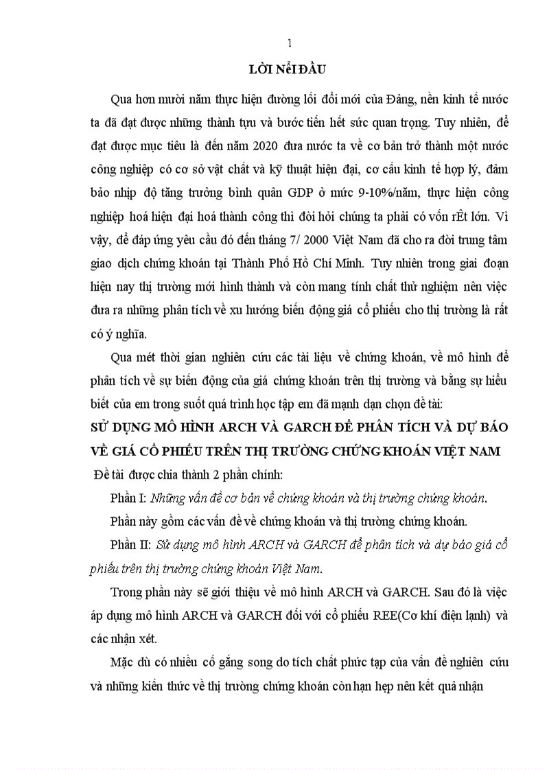 Sử dụng mô hình arch và garch để phân tích và dự báo về giá cổ phiếu trên thị trường chứng khoán Việt Nam 1