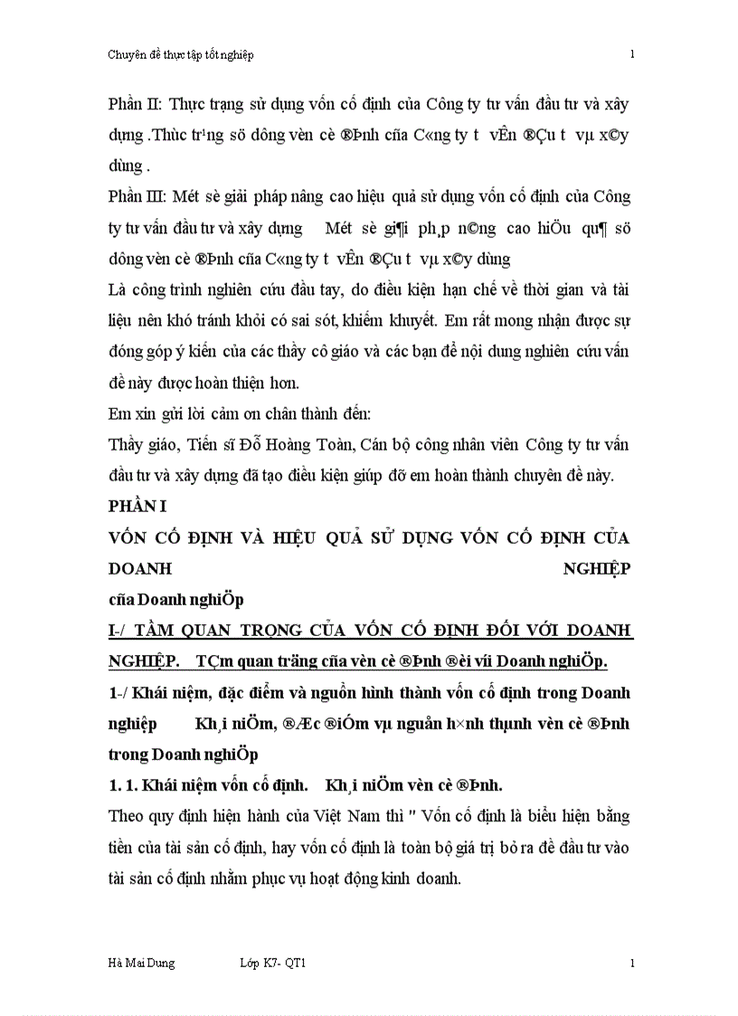 Một số giải pháp nâng cao hiệu quả sử dụng vốn cố định của Công ty tư vấn đầu tư và xây dựng 1