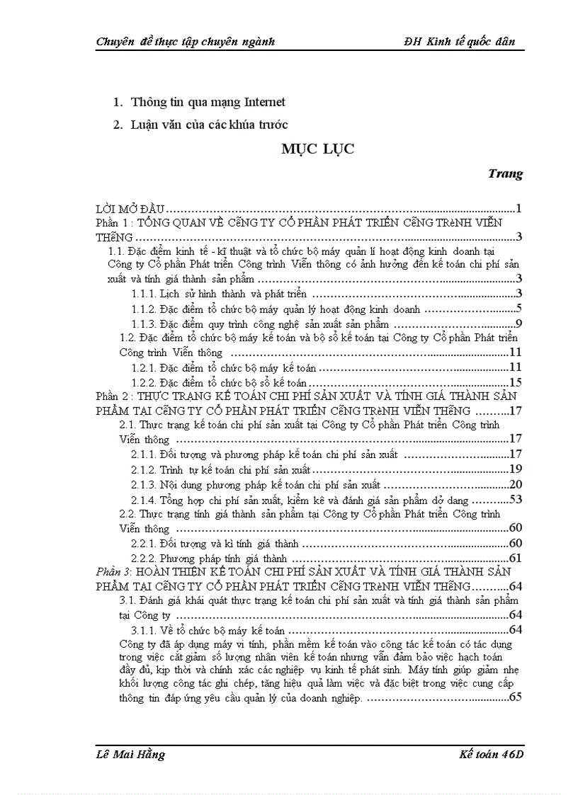 image for page Hoàn thiện kế toán chi phí sản xuất và tính giá thành sản phẩm xây lắp tại Công ty Cổ phần Phát triển Công trình Viễn thông 1