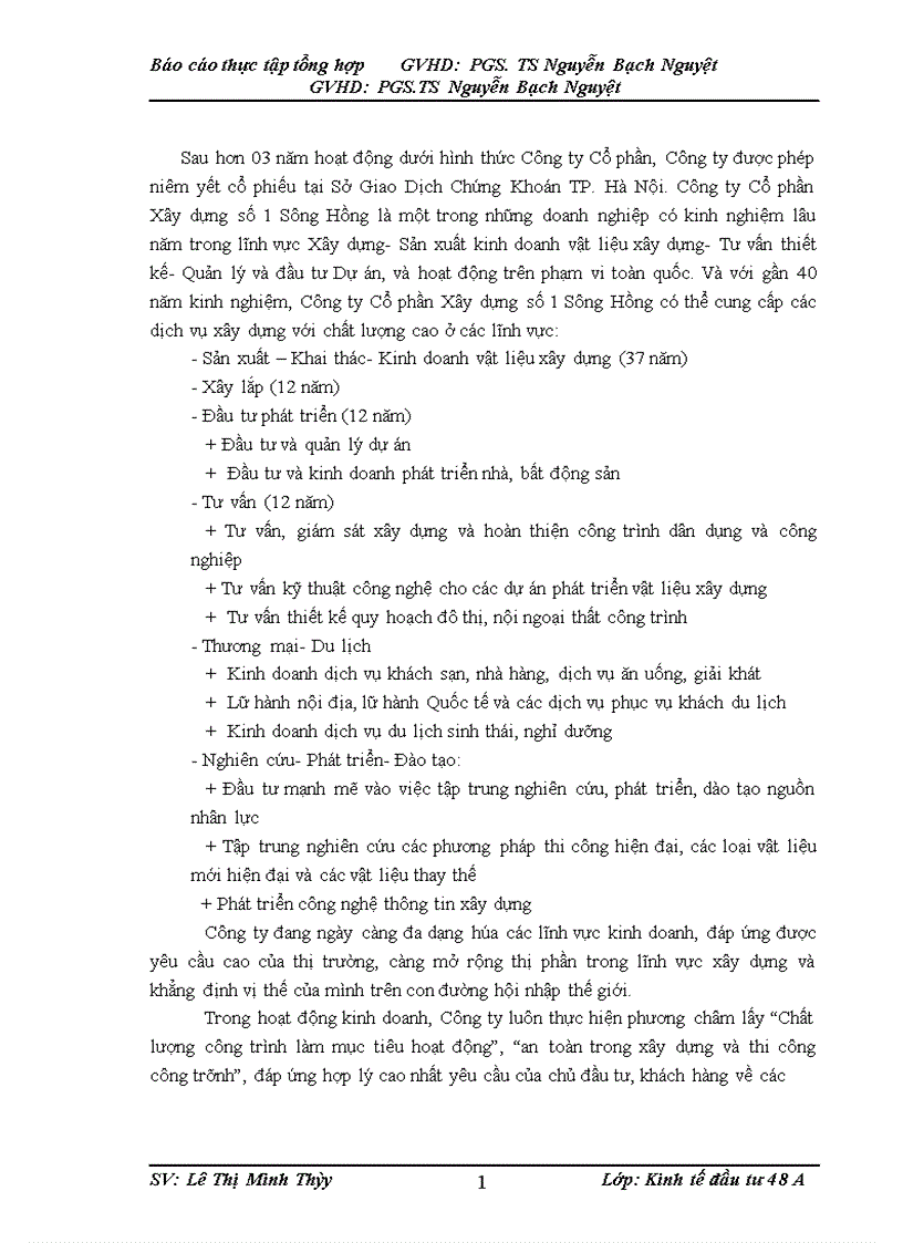 Báo cáo thực tập tổng hợp tại Công ty cổ phần xây dựng số 1 sông hồng