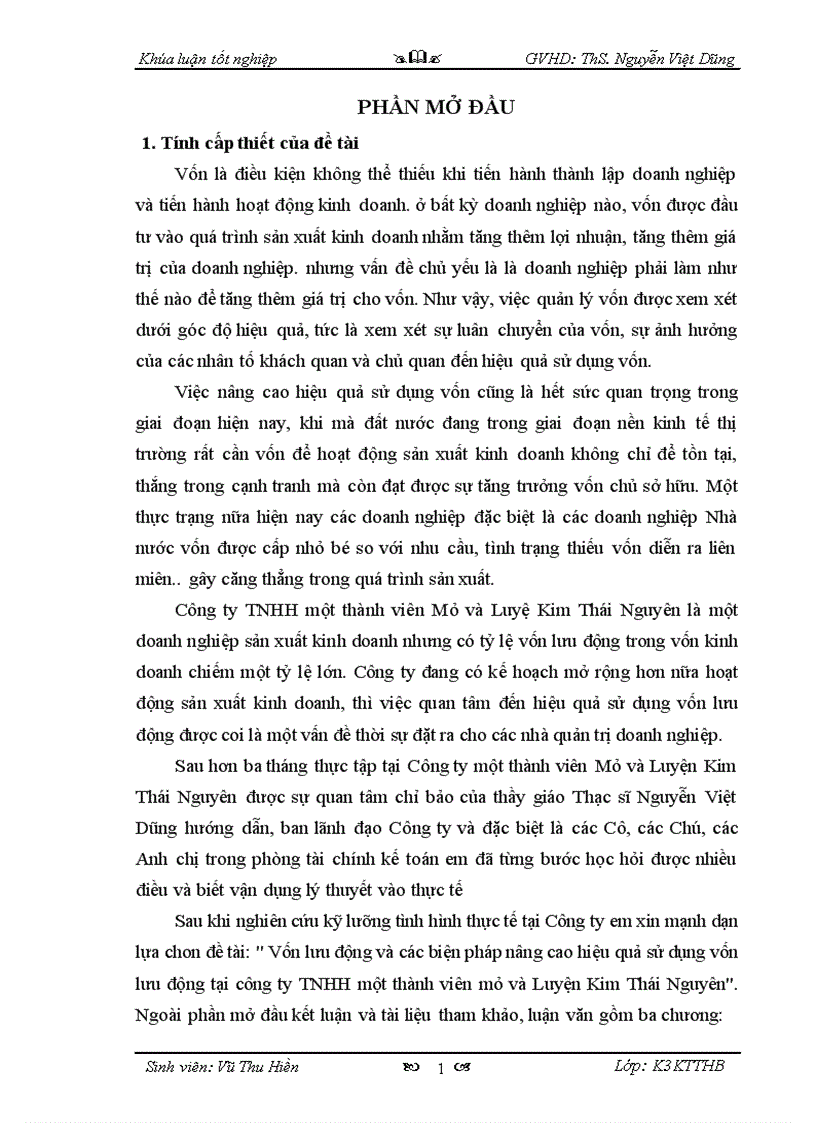 Vốn lưu động và các biện pháp nâng cao hiệu quả sử dụng vốn lưu động tại công ty TNHH một thành viên mỏ và Luyện Kim Thái Nguyên