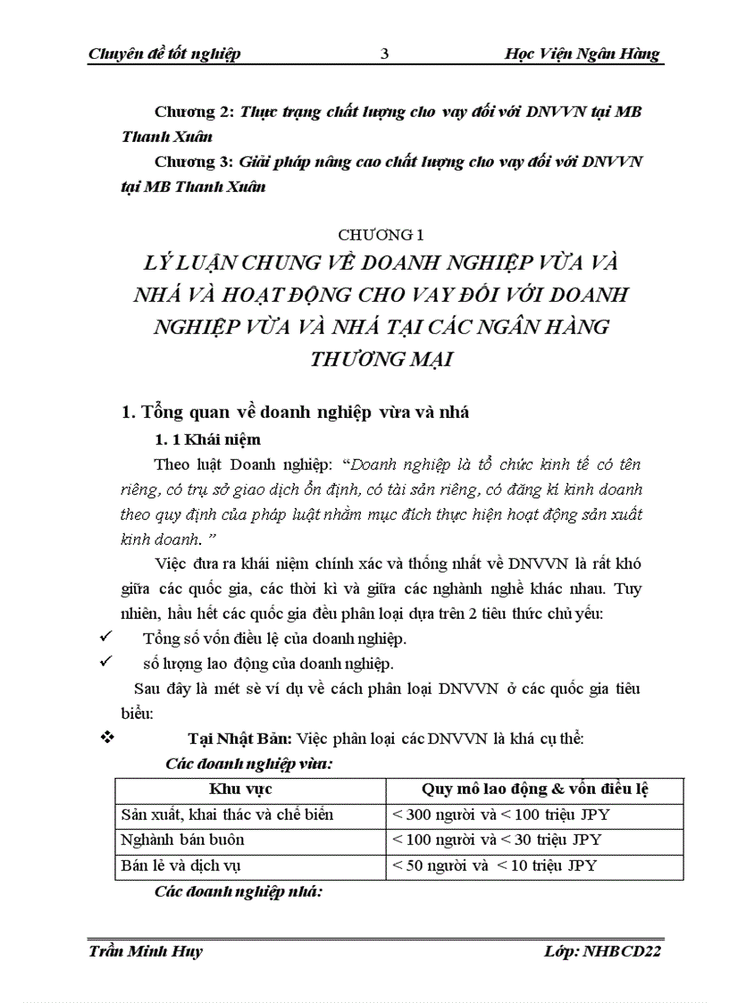 Giải pháp nâng cao chất lượng cho vay đối với DNVVN tại Ngân hàng Thương mại cổ phần Quân Đội Chi nhánh Thanh Xuân 1