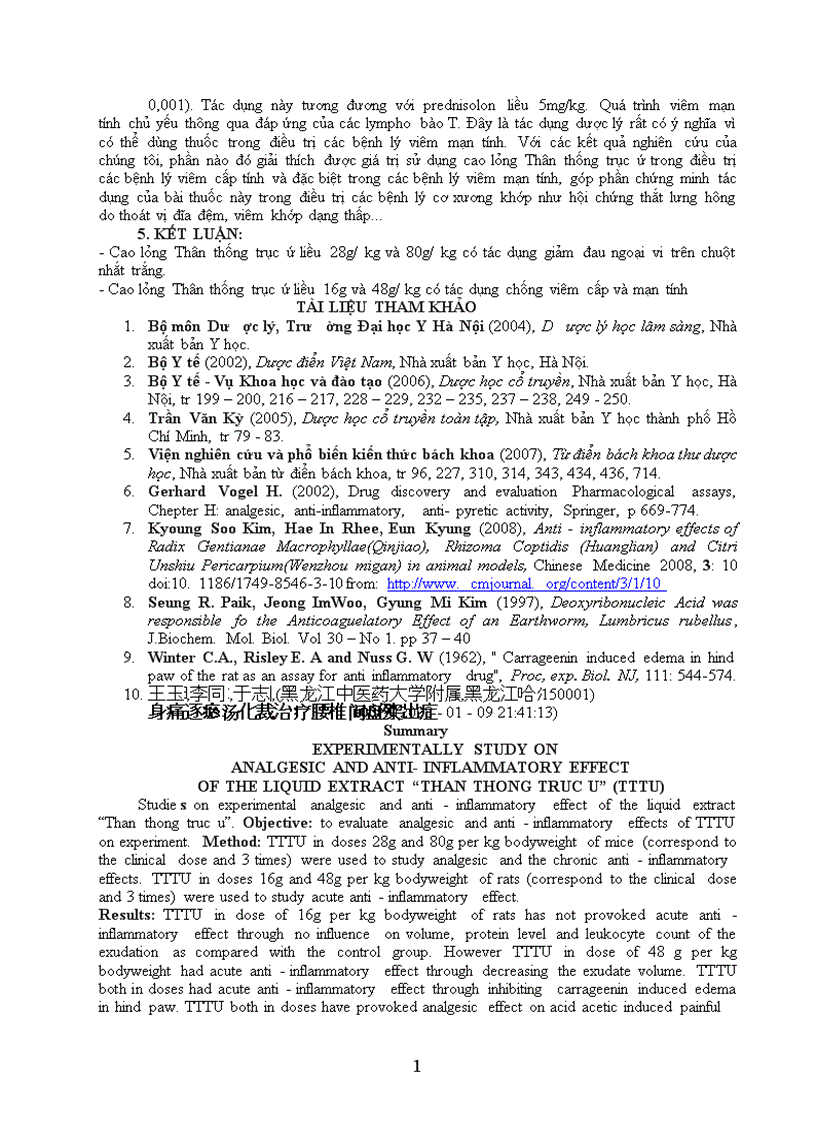 image for page Nghiên cứu tác dụng giảm đau và chống viêm của cao lỏng thân thống trục ứ trên thực nghiệm
