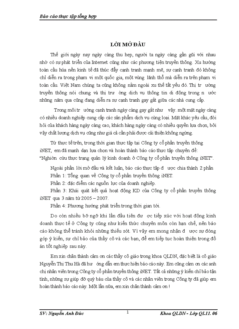 Nghiên cứu thực trạng quản lý kinh doanh ở Công ty cổ phần truyền thông iNET 1