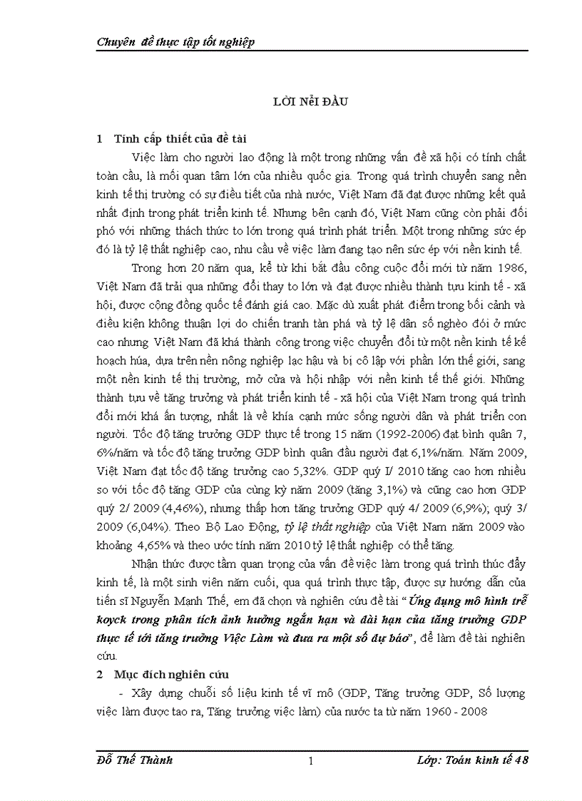 image for page Ứng dụng mô hình trễ koyck trong phân tích ảnh hưởng ngắn hạn và dài hạn của tăng trưởng GDP thực tế tới tăng trưởng Việc Làm và đưa ra một số dự báo
