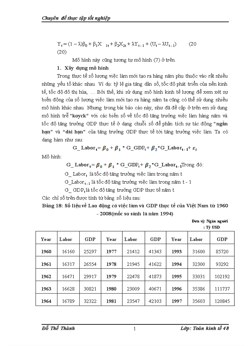 image for page Ứng dụng mô hình trễ koyck trong phân tích ảnh hưởng ngắn hạn và dài hạn của tăng trưởng GDP thực tế tới tăng trưởng Việc Làm và đưa ra một số dự báo