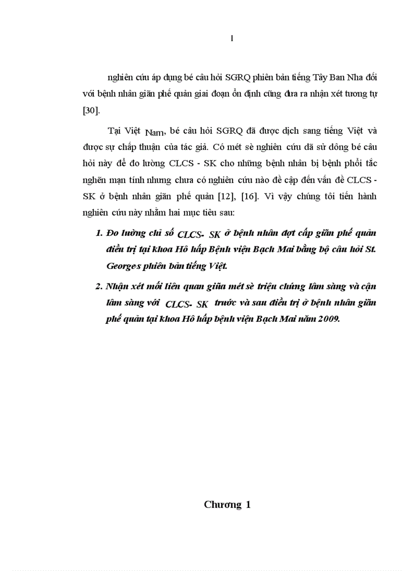 image for page Đo lường chỉ số CLCS SK ở bệnh nhân đợt cấp giãn phế quản điều trị tại khoa Hô hấp Bệnh viện Bạch Mai bằng bộ câu hỏi St George s phiên bản tiếng Việt