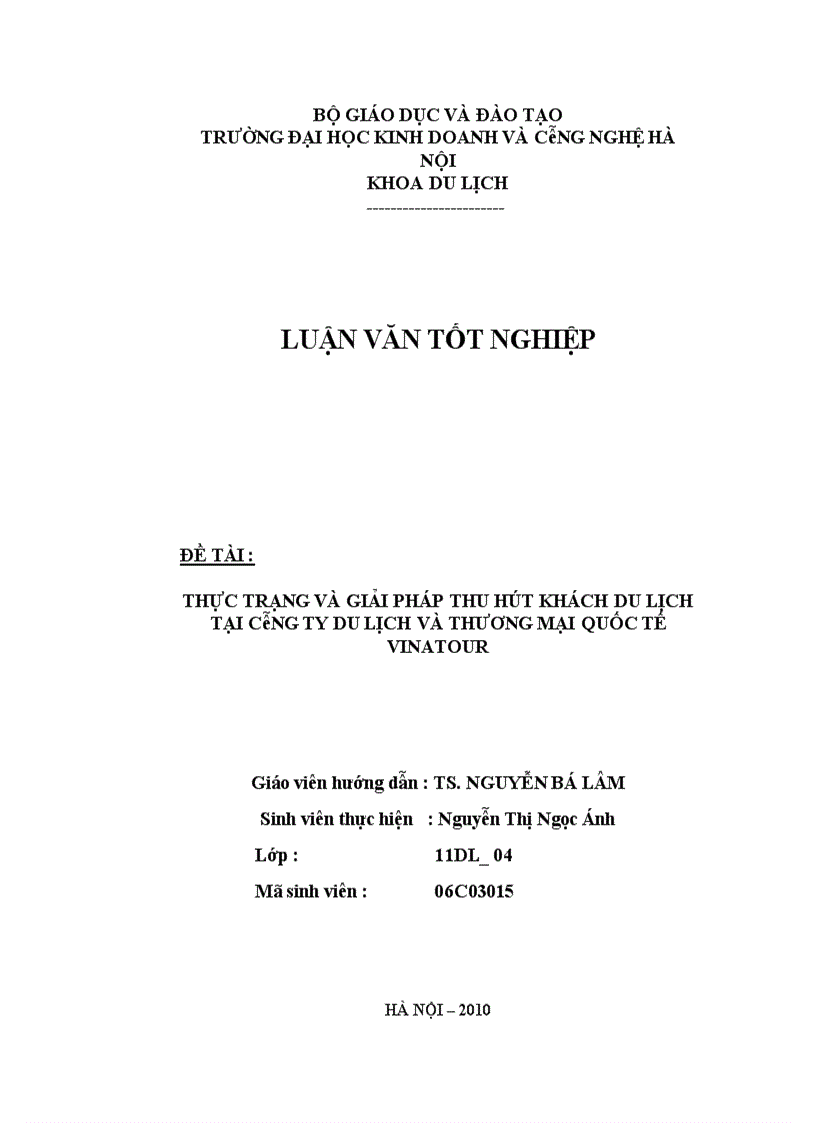 Thực trạng và giải pháp thu hút khách du lịch tại công ty du lịch và thương mại quốc tế vinatour