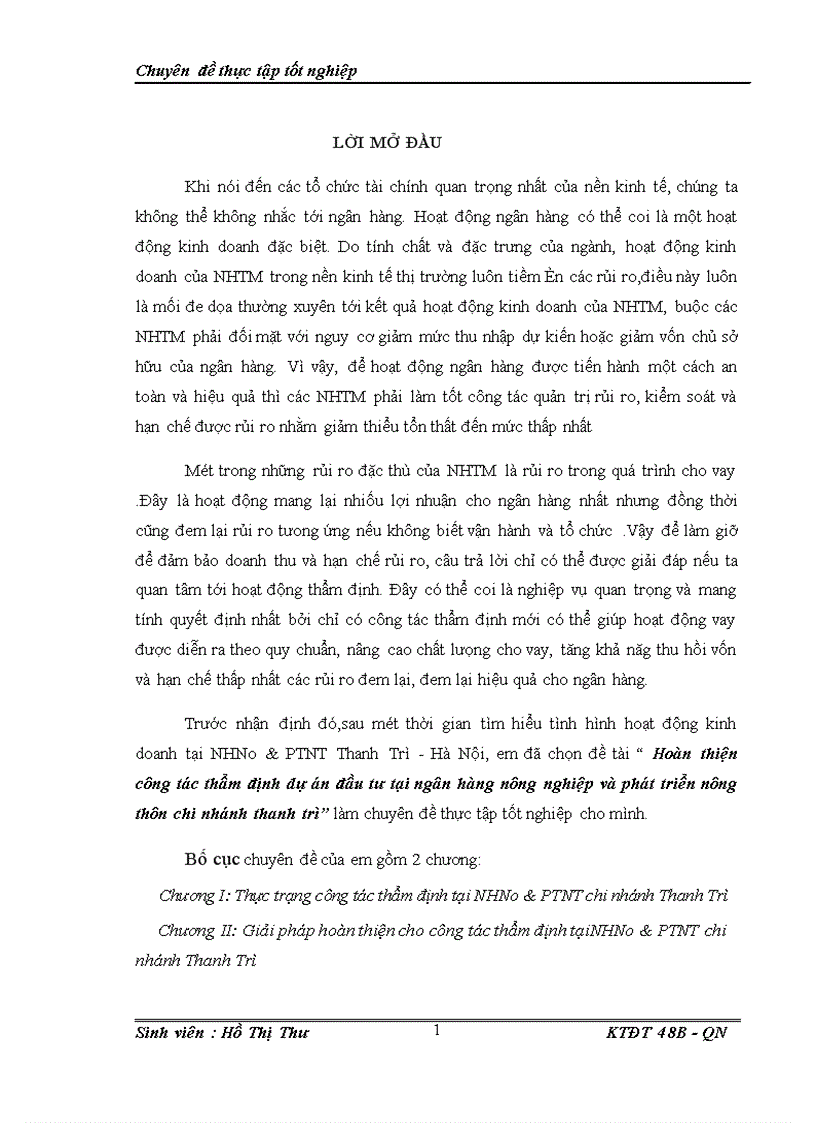 image for page Hoàn thiện công tác thẩm định dự án đầu tư tại ngân hàng nông nghiệp và phát triển nông thôn chi nhánh thanh trì 1