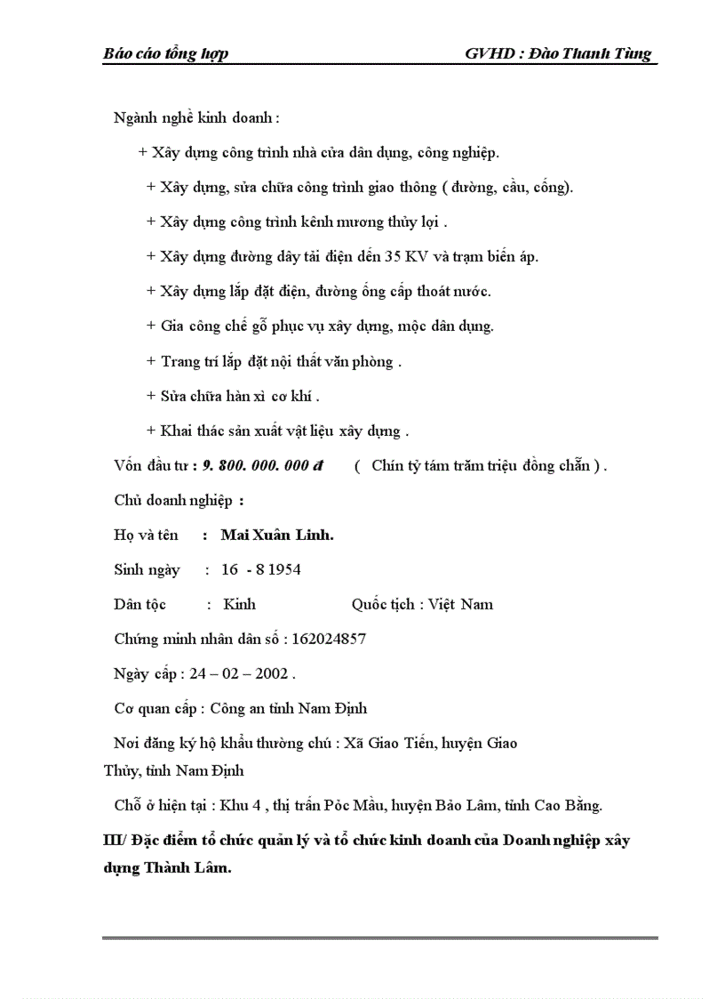 image for page Báo cáo tổng hợp về Doanh nghiệp xây dựng Thành Lâm