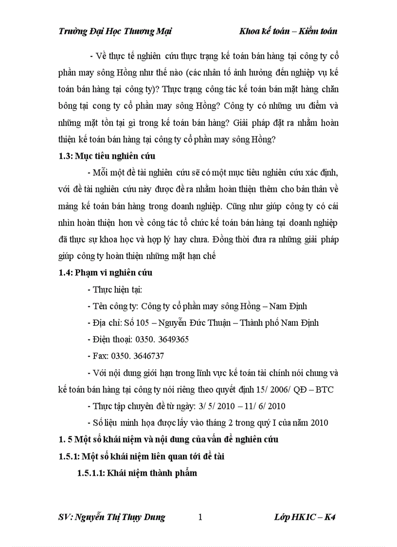 image for page Kế toán bán hàng mặt hàng chăn bông tại công ty cổ phần may sông Hồng Nam Định 1