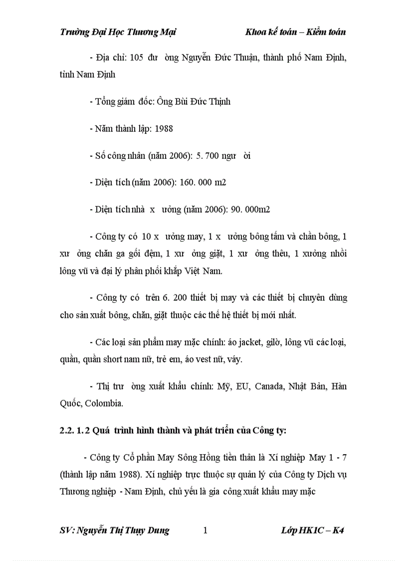 image for page Kế toán bán hàng mặt hàng chăn bông tại công ty cổ phần may sông Hồng Nam Định 1