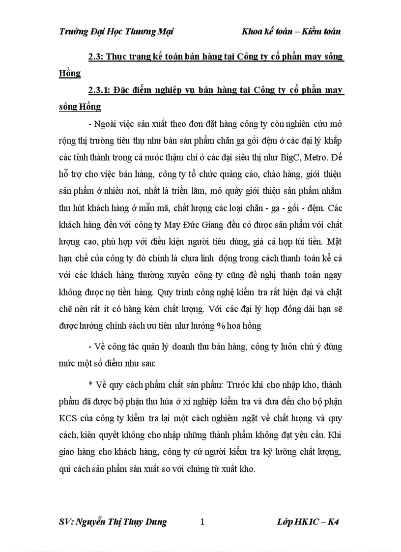 image for page Kế toán bán hàng mặt hàng chăn bông tại công ty cổ phần may sông Hồng Nam Định 1