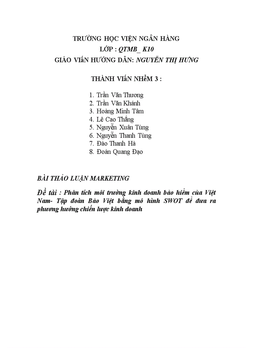 image for page Phân tích môi trường kinh doanh bảo hiểm của Việt Nam Tập đoàn Bảo Việt bằng mô hình SWOT để đưa ra phương hướng chiến lược kinh doanh