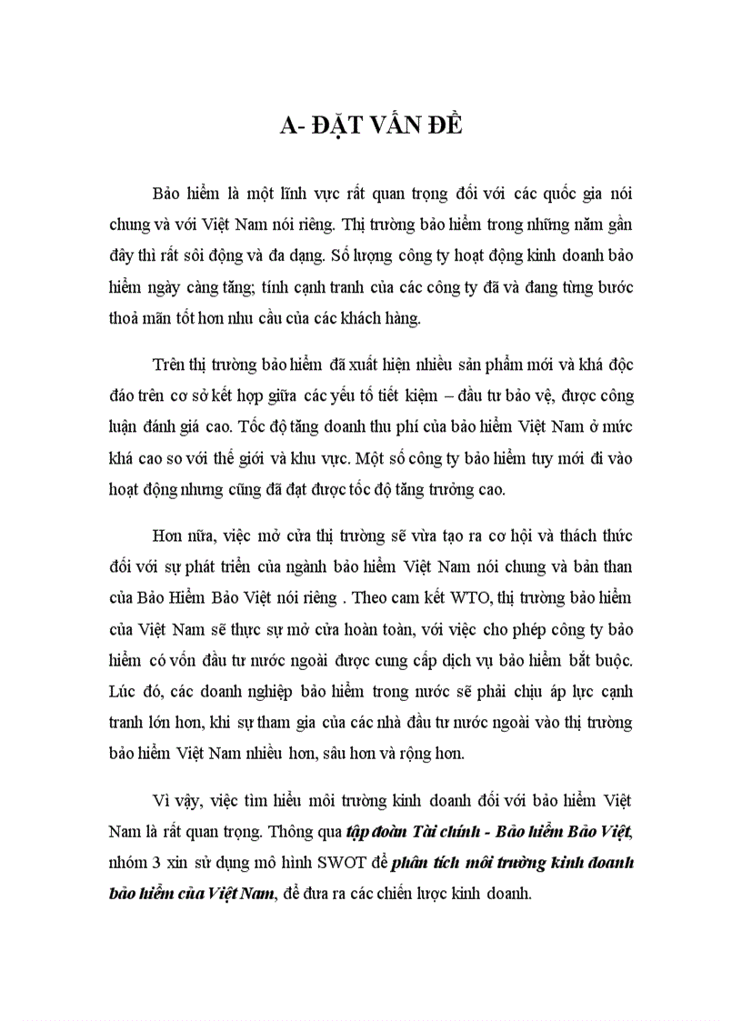 image for page Phân tích môi trường kinh doanh bảo hiểm của Việt Nam Tập đoàn Bảo Việt bằng mô hình SWOT để đưa ra phương hướng chiến lược kinh doanh