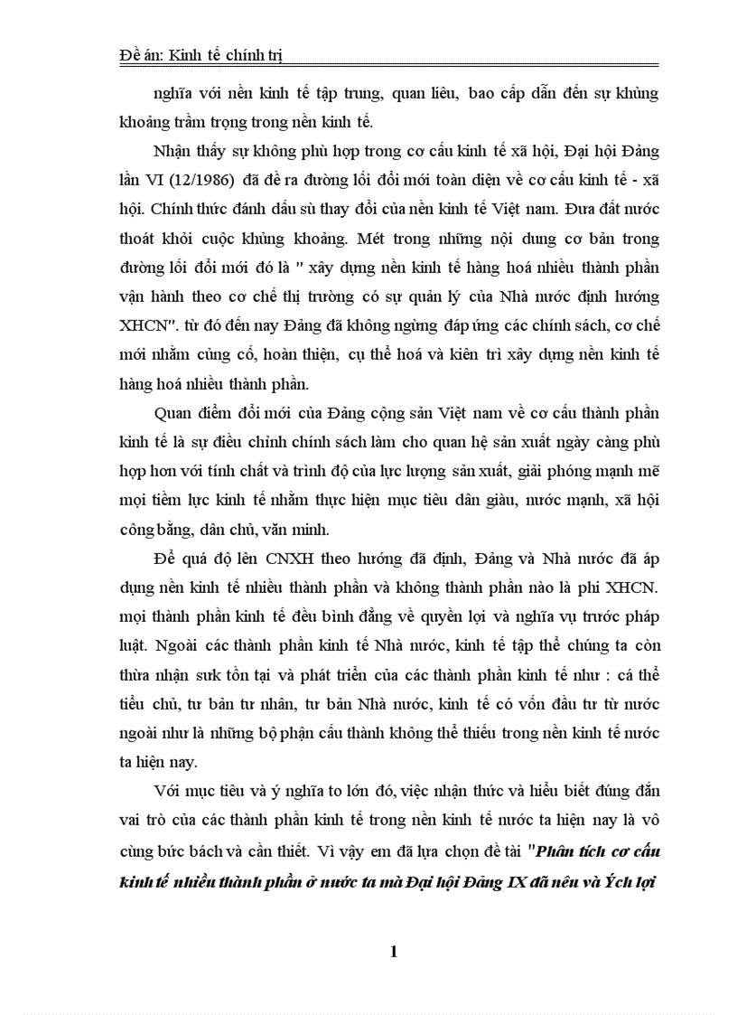 image for page Phân tích cơ cấu kinh tế nhiều thành phần ở nước ta mà Đại hội Đảng IX đã nêu và ích lợi của việc sử dụng nó vào việc phát triển kinh tế xã hội trong thời kỳ quá độ lên CNXH ở Việt Nam