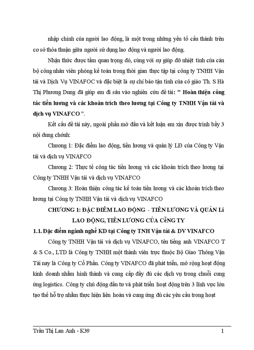 image for page Hoàn thiện công tác tiền lương và các khoản trích theo lương tại Công ty TNHH Vận tải và dịch vụ VINAFCO 1