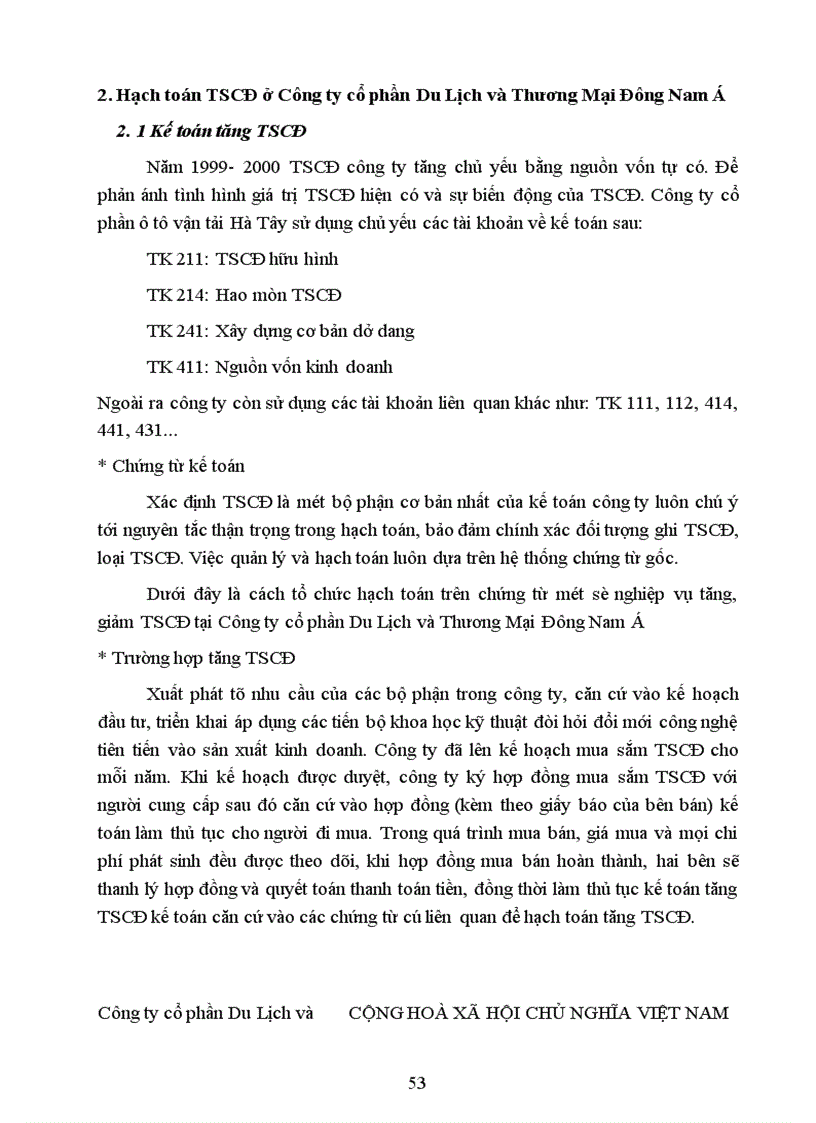image for page Tổ chức hạch toán tài sản cố định với những vấn đề về quản lý và nâng cao hiệu quả sử dụng tài sản cố định tại Công ty cổ phần Du Lịch và Thương Mại Đông Nam á 1