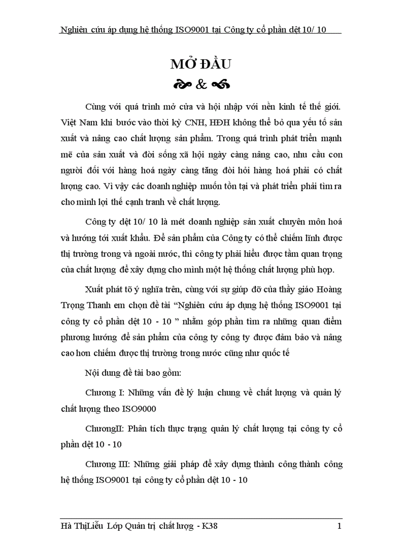 Nghiên cứu áp dụng hệ thống ISO9001 tại công ty cổ phần dệt 10 10 1
