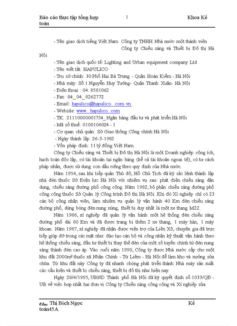 Báo cáo thực tập tổng hợp tại công ty Chiếu sáng và thiết bị đô thị Hà nội