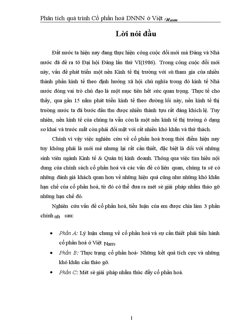 Phân tích quá trình Cổ phần hoá DNNN ở Việt Nam 1